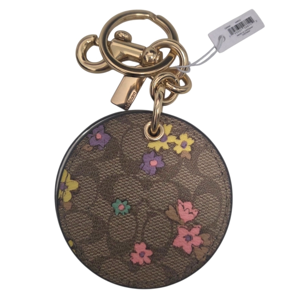 COACH Signature Coated Canvas Leather Floral Mirror Keychain Bag Charm NEW! - Picture 1 of 5